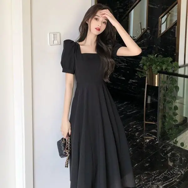 Women French Style Summer Dress Cream Puff Sleeve Waist Tight - Image 2