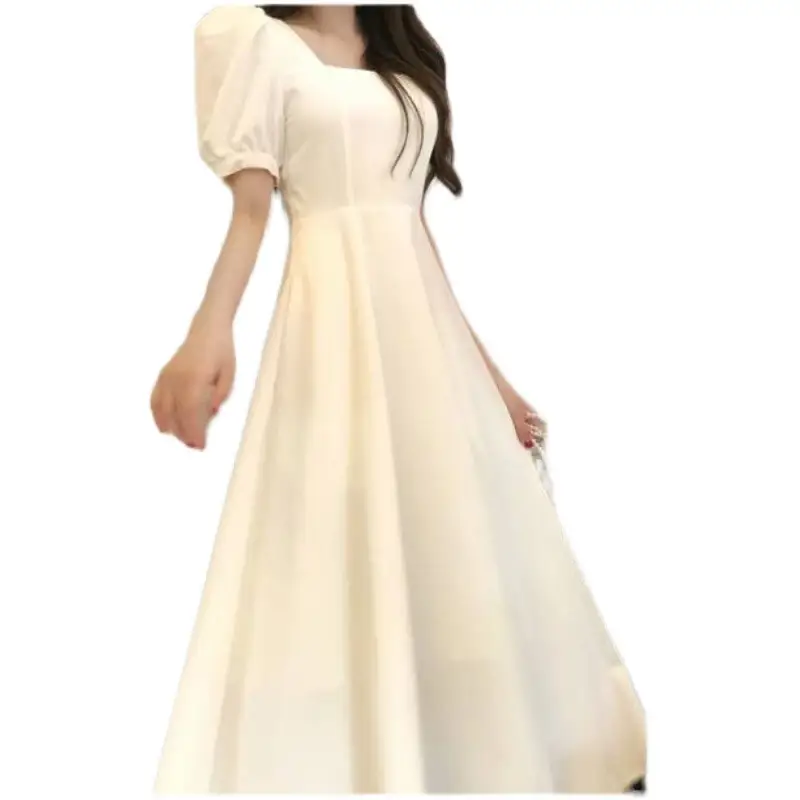 Women French Style Summer Dress Cream Puff Sleeve Waist Tight - Image 5