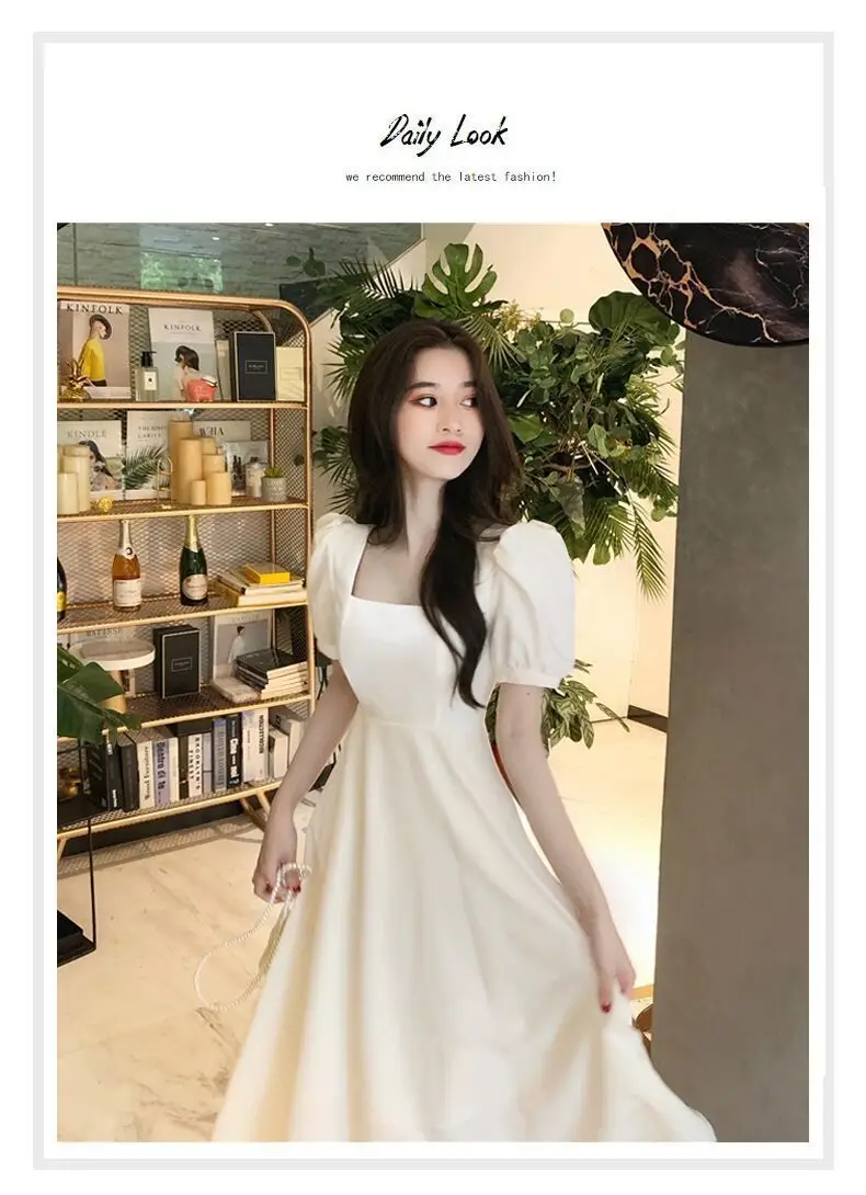 Women French Style Summer Dress Cream Puff Sleeve Waist Tight — feature 10