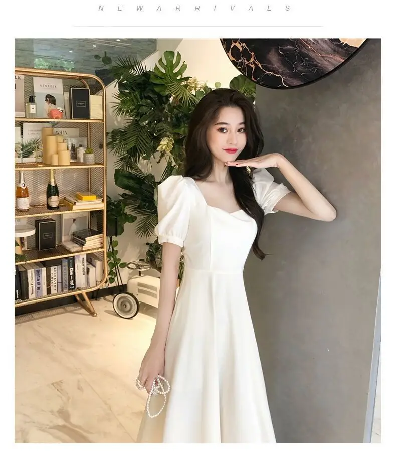 Women French Style Summer Dress Cream Puff Sleeve Waist Tight — feature 3