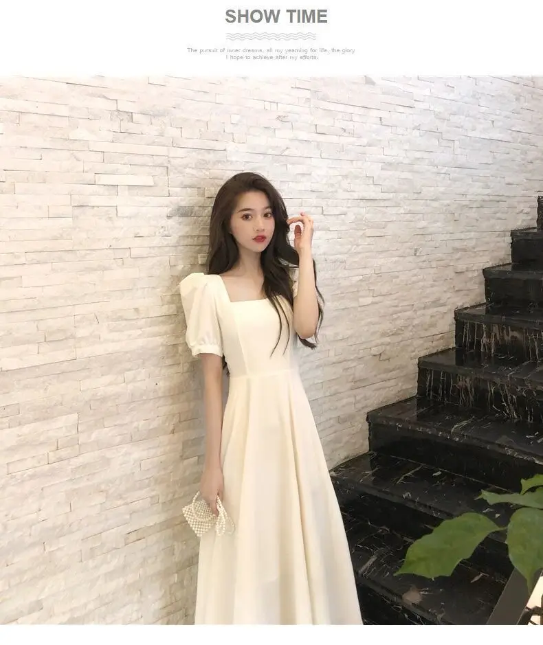 Women French Style Summer Dress Cream Puff Sleeve Waist Tight — feature 4