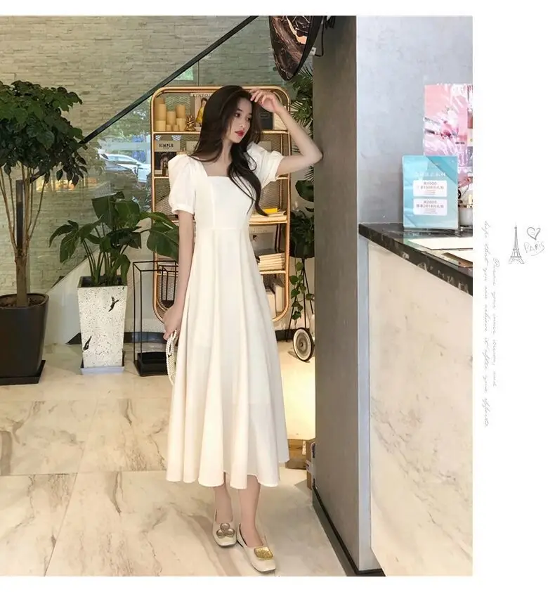 Women French Style Summer Dress Cream Puff Sleeve Waist Tight — feature 6