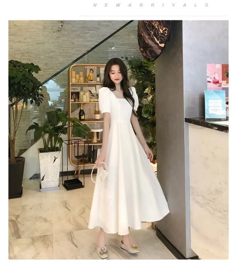 Women French Style Summer Dress Cream Puff Sleeve Waist Tight — feature 7