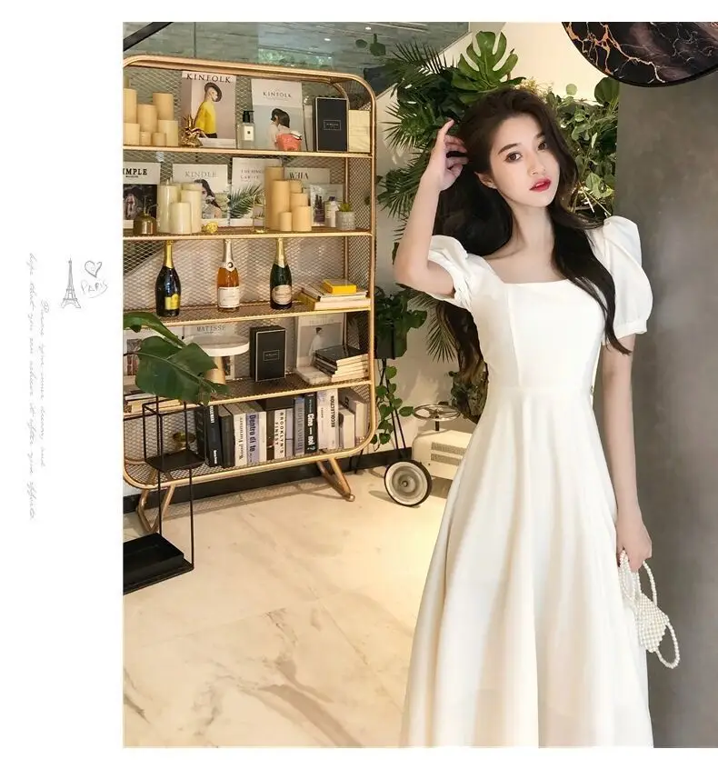 Women French Style Summer Dress Cream Puff Sleeve Waist Tight — feature 8