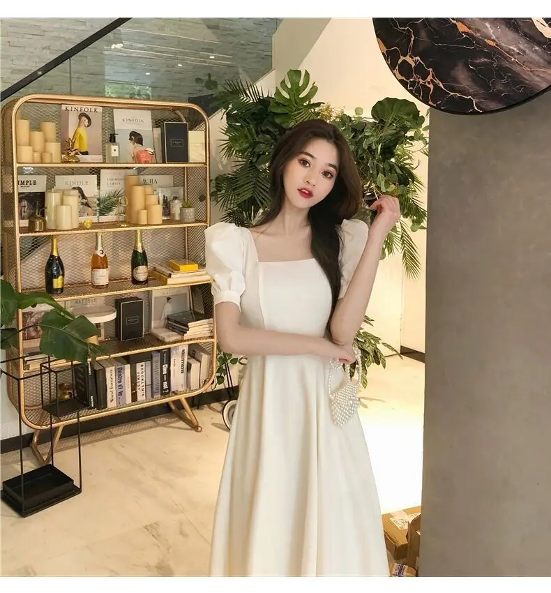 Women French Style Summer Dress Cream Puff Sleeve Waist Tight — feature 9