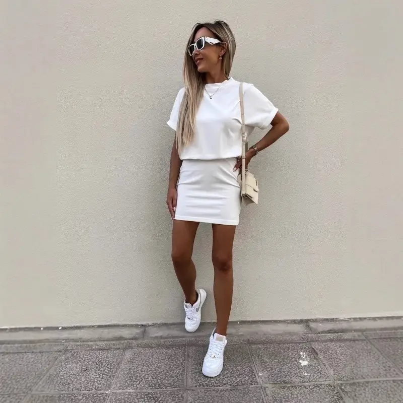 Women White Short Sleeve Hip Pencil Casual Dress Summer - Image 5