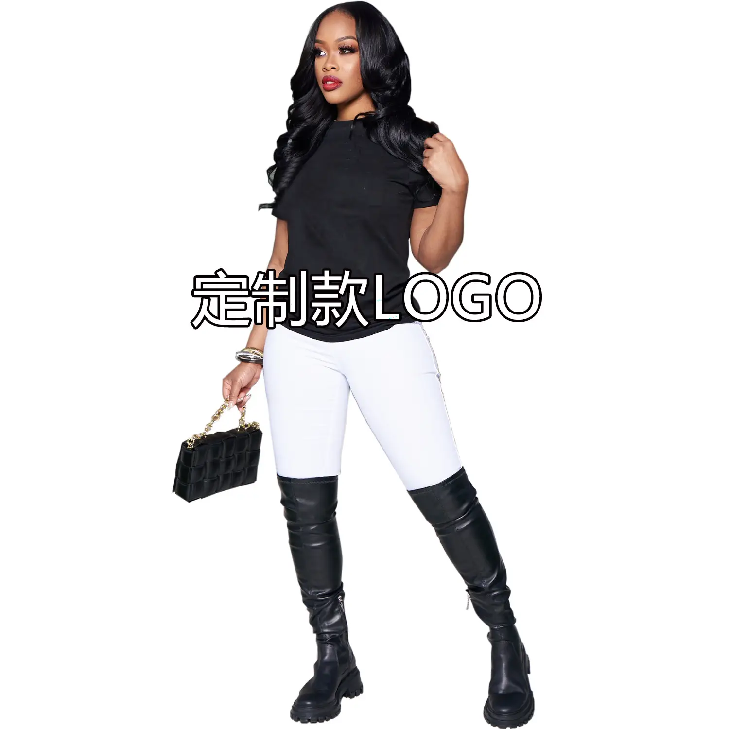 Black Printed T-Shirt with White Pants & Knee-high Boots - Image 15