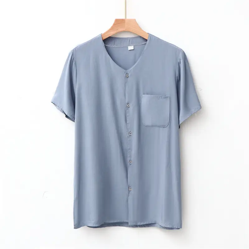 Men Cotton Silk T-Shirt with Pocket Blue White Dark Blue - Image 3