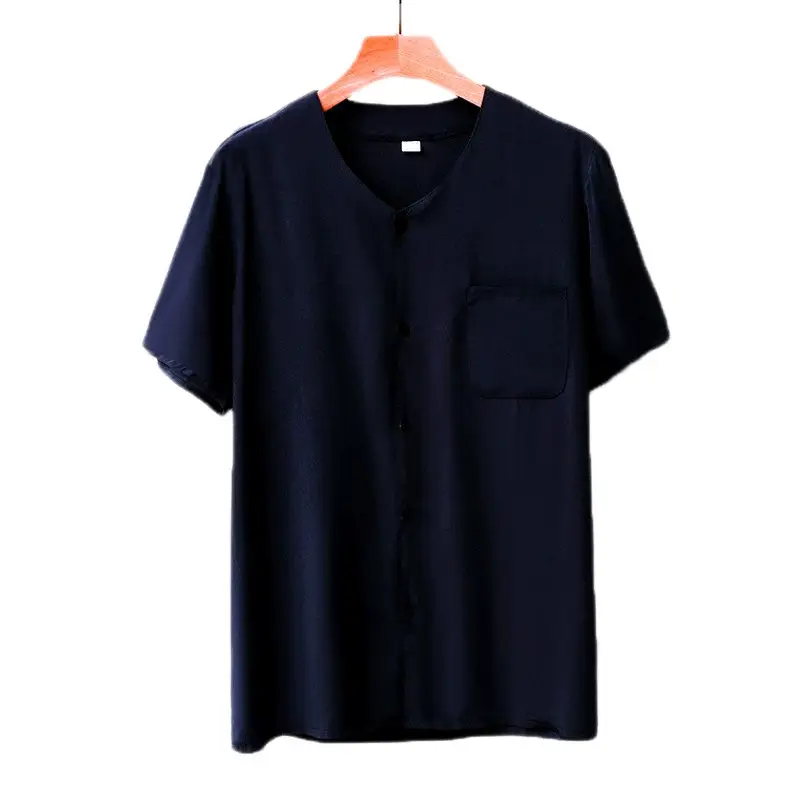 Men Cotton Silk T-Shirt with Pocket Blue White Dark Blue - Image 5