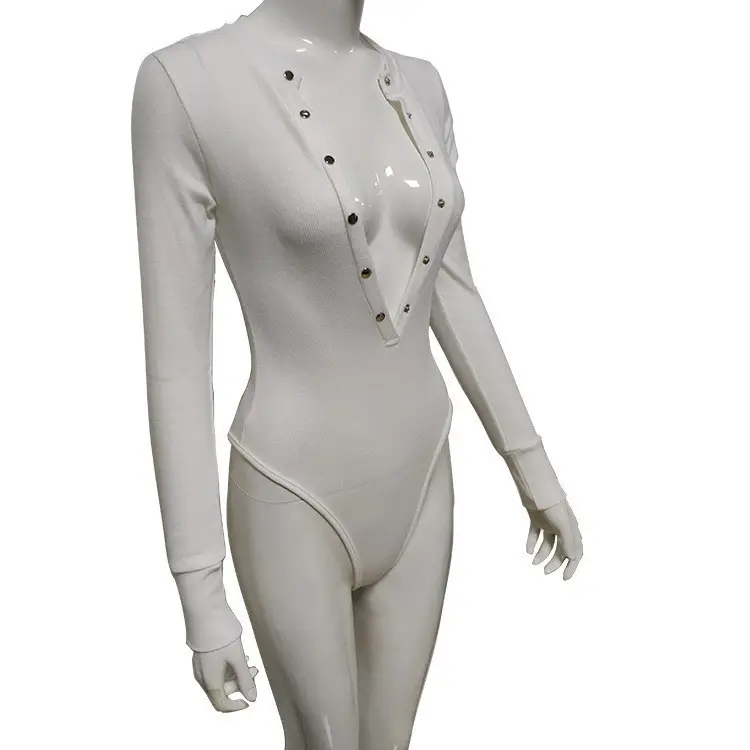 Women's Long Sleeve Slimming Base Layer Jumpsuit White Plaid - Image 2