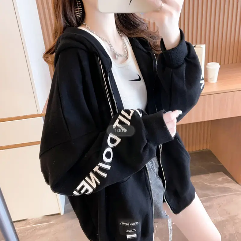 Women Velvet Letter Hoodie Black Long Sleeve - Image 8