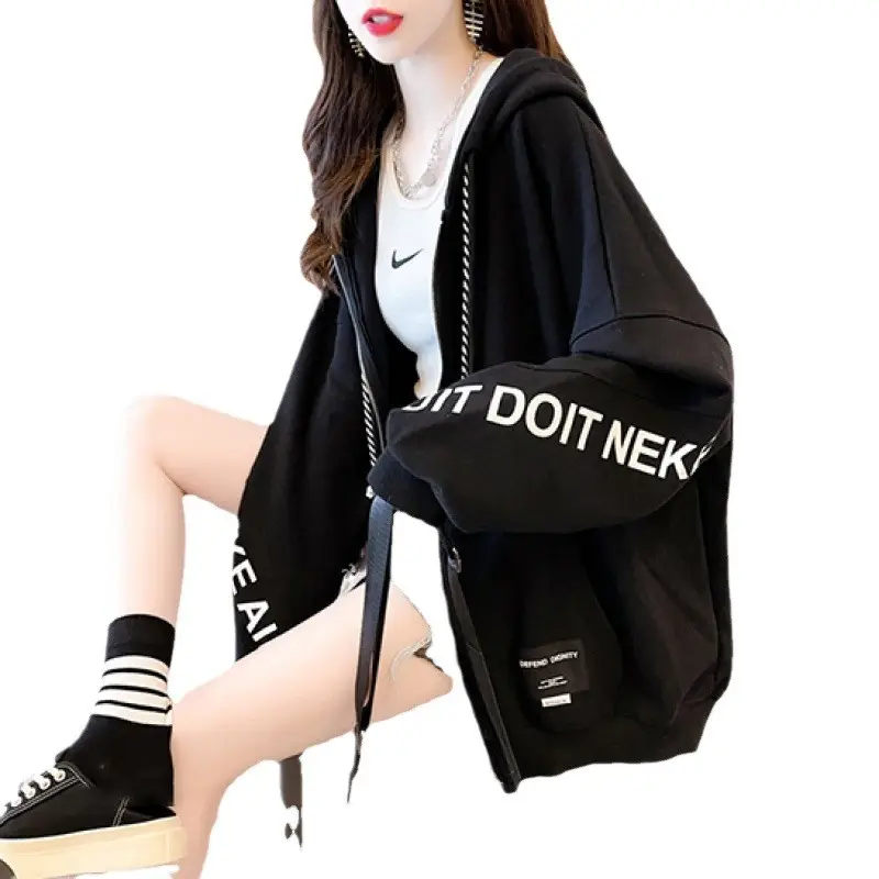 Women Velvet Letter Hoodie Black Long Sleeve - Image 9