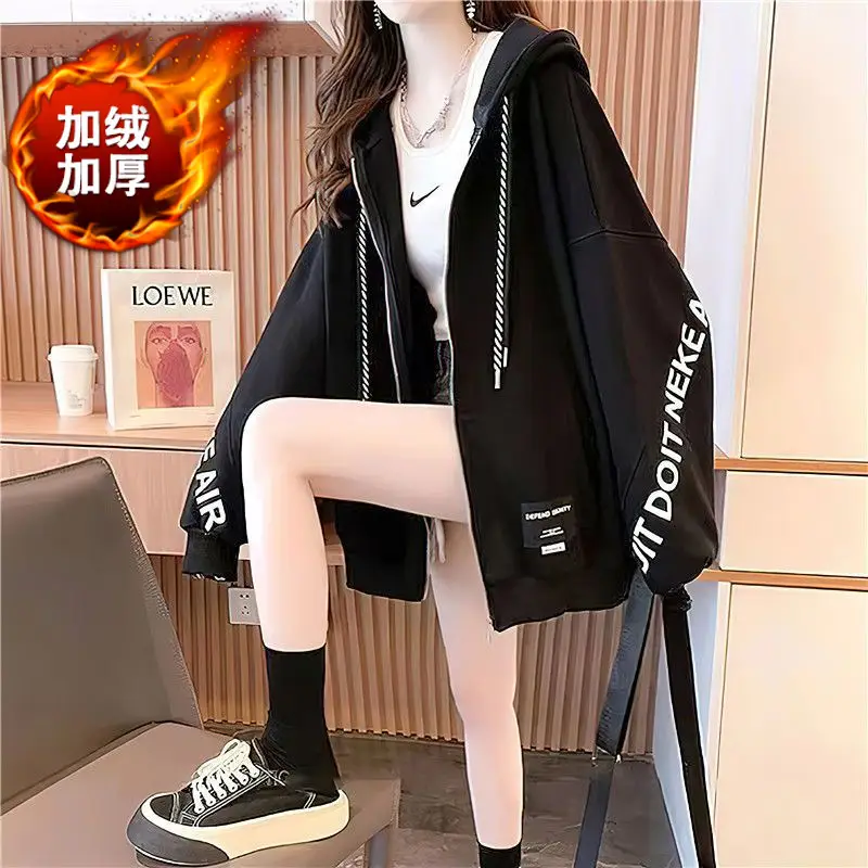 Women Velvet Letter Hoodie Black Long Sleeve - Image 4