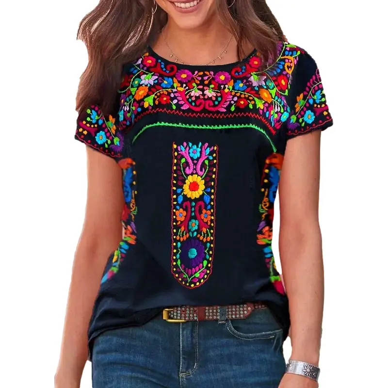 2022 Women Printed T-Shirt Black Floral Embroidery - Image 5