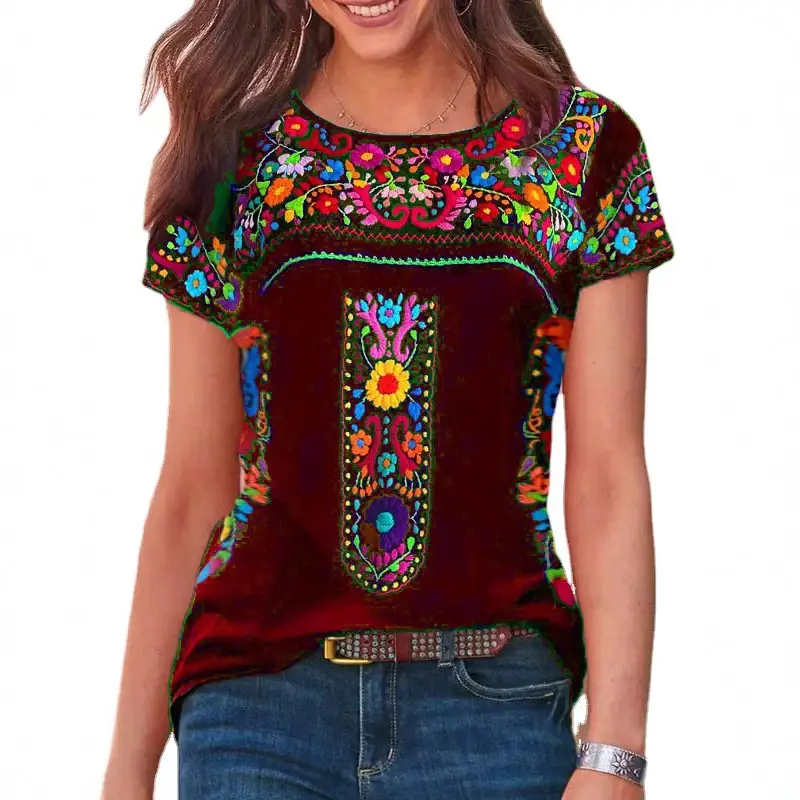 2022 Women Printed T-Shirt Black Floral Embroidery - Image 7