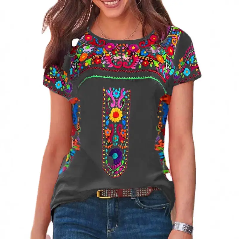 2022 Women Printed T-Shirt Black Floral Embroidery - Image 8