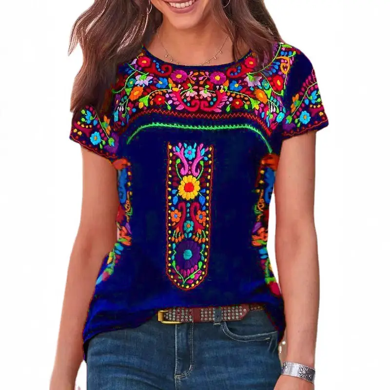 2022 Women Printed T-Shirt Black Floral Embroidery - Image 9