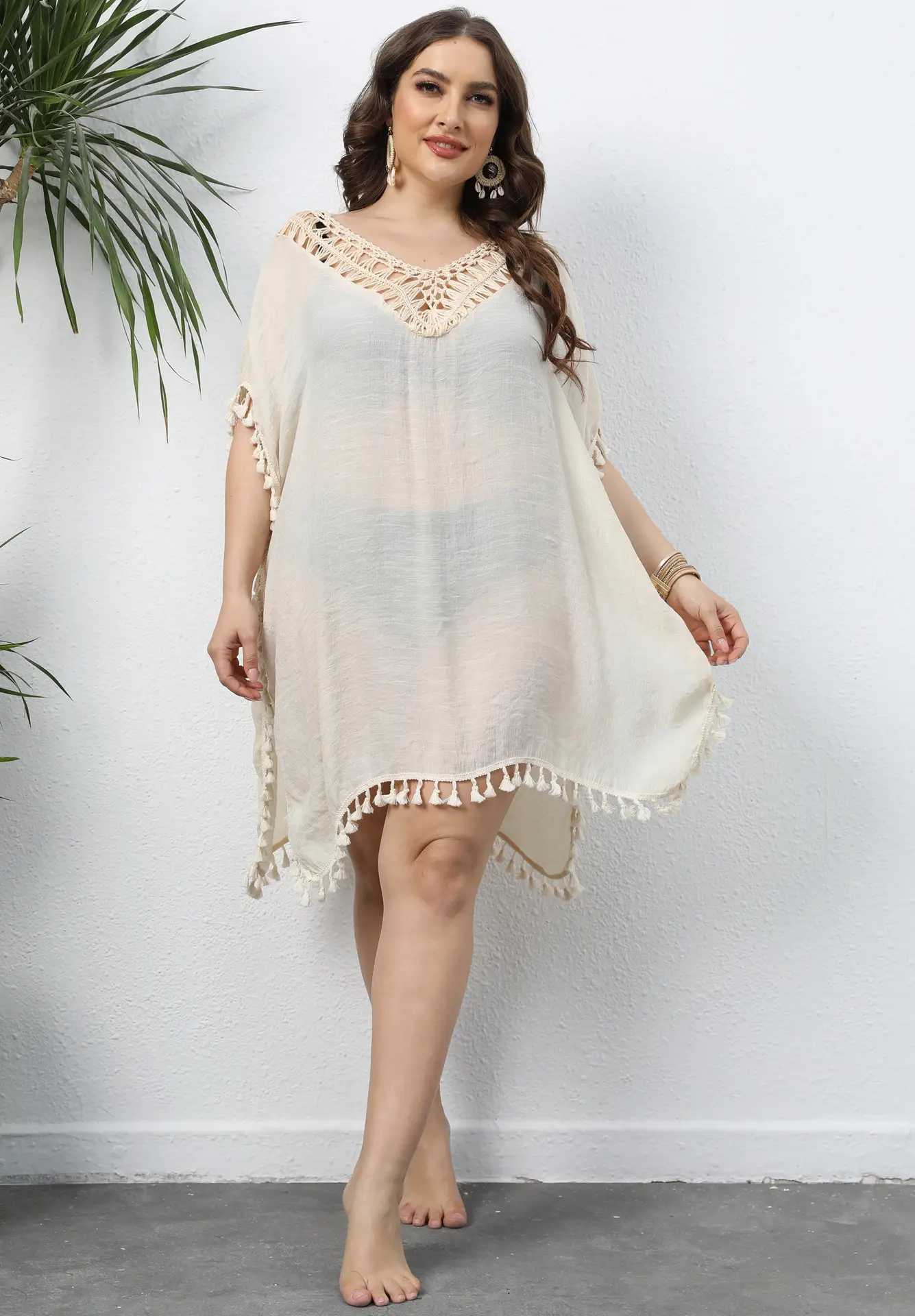 Plus Size White Tassel Split Dress Backless Loose - Image 5