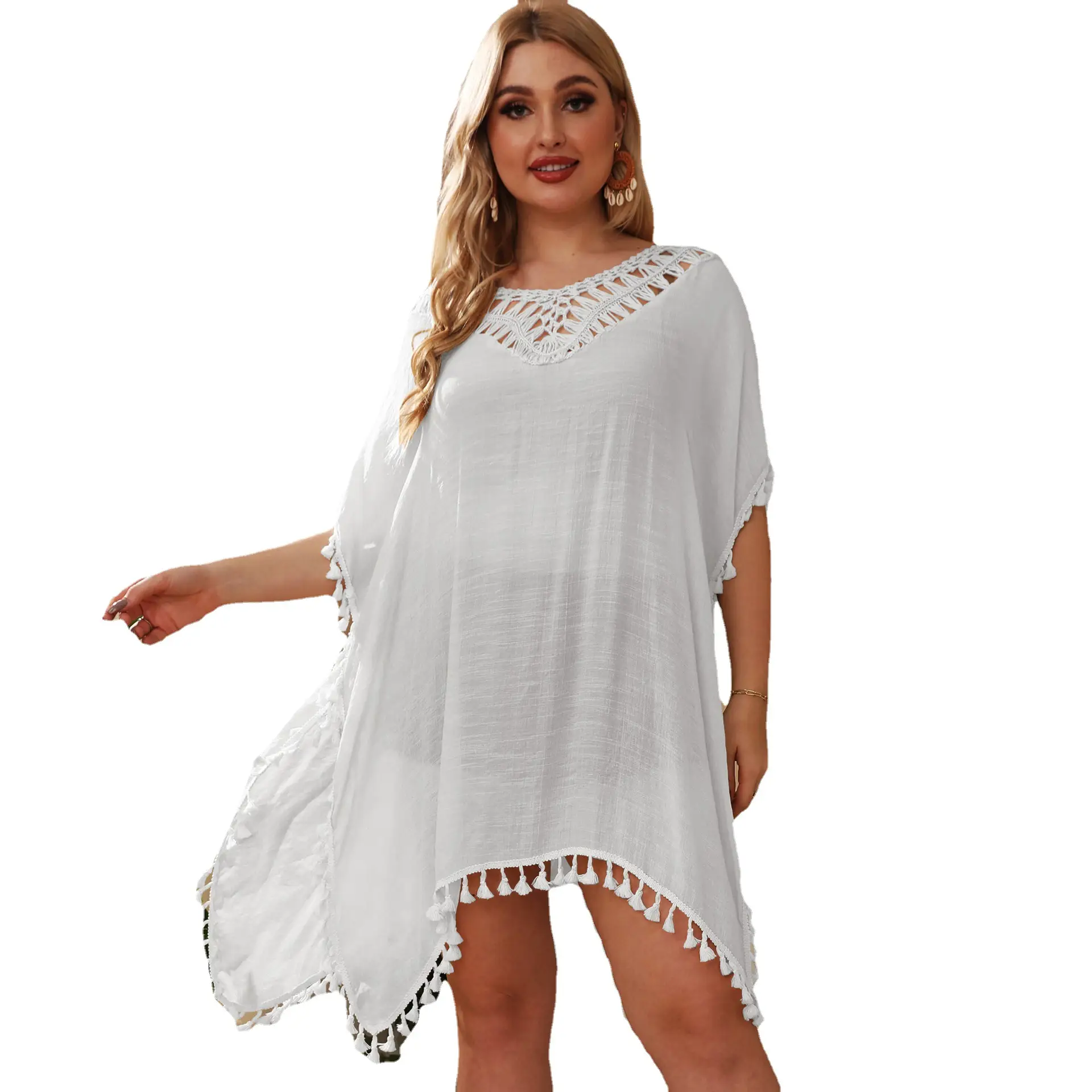 Plus Size White Tassel Split Dress Backless Loose - Image 6