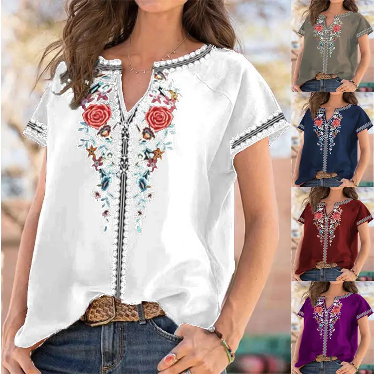 Women's 2022 Printed Embroidered T-Shirt Navy Blue - Image 5