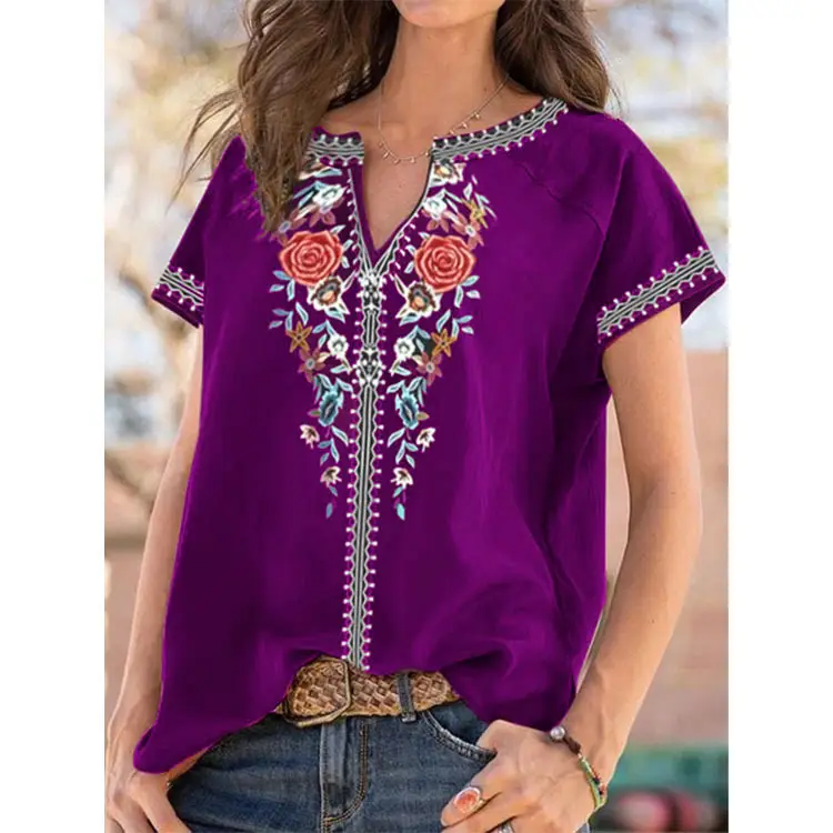 Women's 2022 Printed Embroidered T-Shirt Navy Blue - Image 7