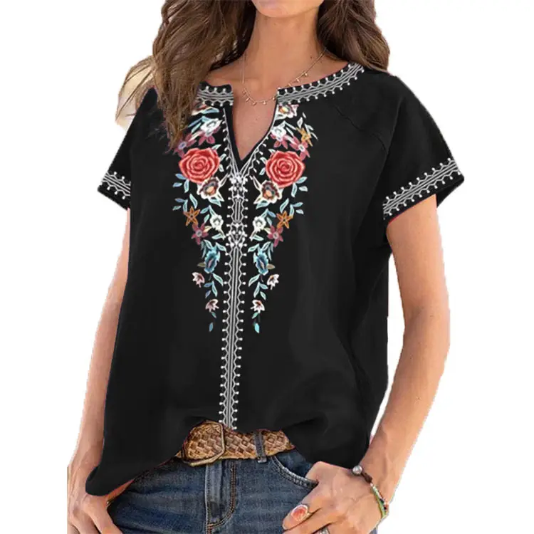 Women's 2022 Printed Embroidered T-Shirt Navy Blue - Image 9