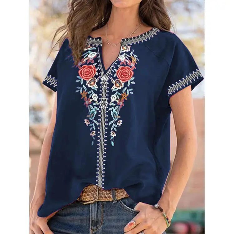 Women's 2022 Printed Embroidered T-Shirt Navy Blue - Image 3