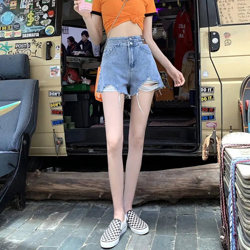 Ripped Denim Shorts Women High Waist Slimming All Match - Image 4