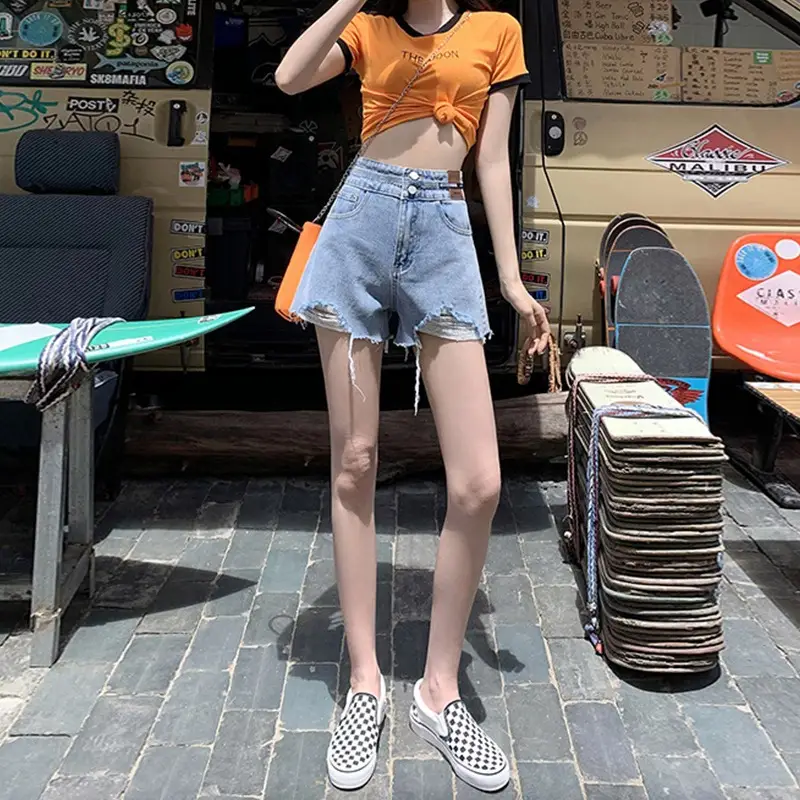 Ripped Denim Shorts Women High Waist Slimming All Match - Image 5