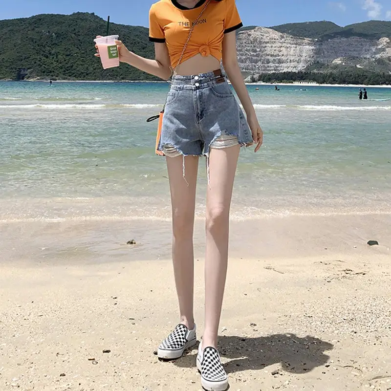 Ripped Denim Shorts Women High Waist Slimming All Match - Image 6