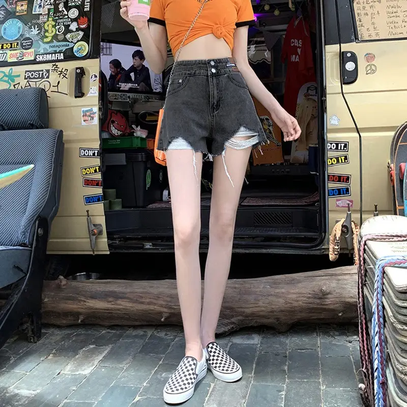 Ripped Denim Shorts Women High Waist Slimming All Match - Image 3
