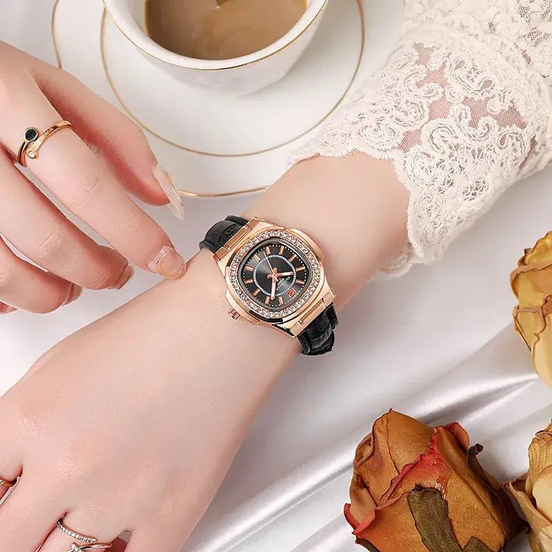 Women Quartz Watch Rose Gold Diamond Band Digital Display - Image 6
