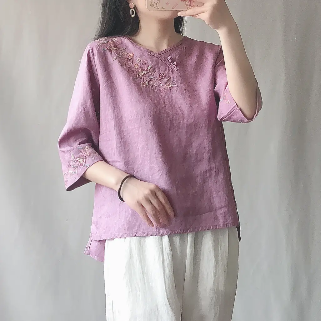 Women Cotton Linen Embroidered T-Shirt Yellow Seven Point Sleeve
