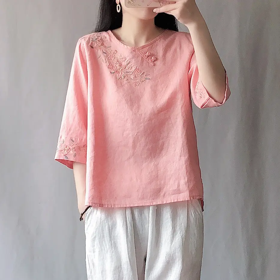 Women Cotton Linen Embroidered T-Shirt Yellow Seven Point Sleeve