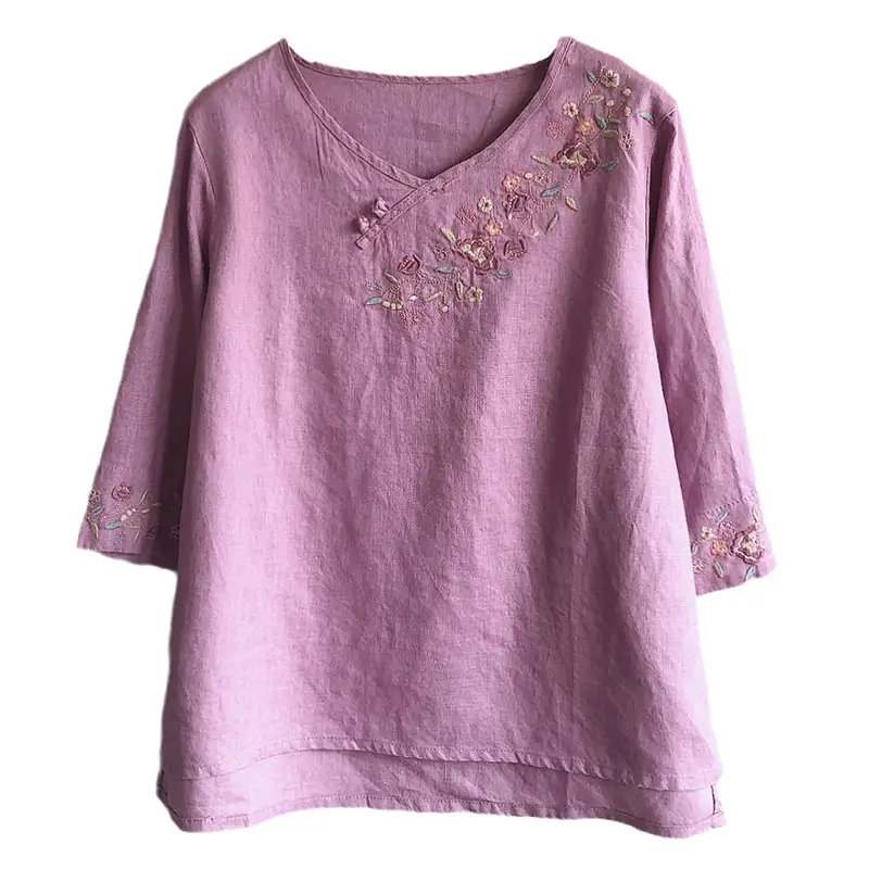 Women Cotton Linen Embroidered T-Shirt Yellow Seven Point Sleeve