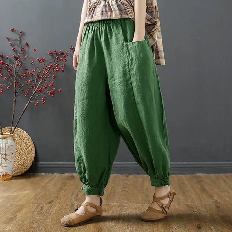 Women Cotton Linen Bloomers Ankle Pants Summer Loose