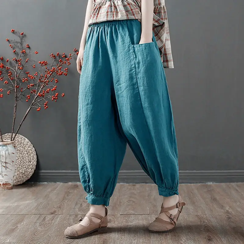 Women Cotton Linen Bloomers Ankle Pants Summer Loose