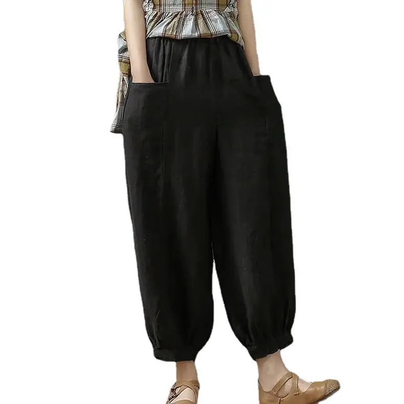 Women Cotton Linen Bloomers Ankle Pants Summer Loose