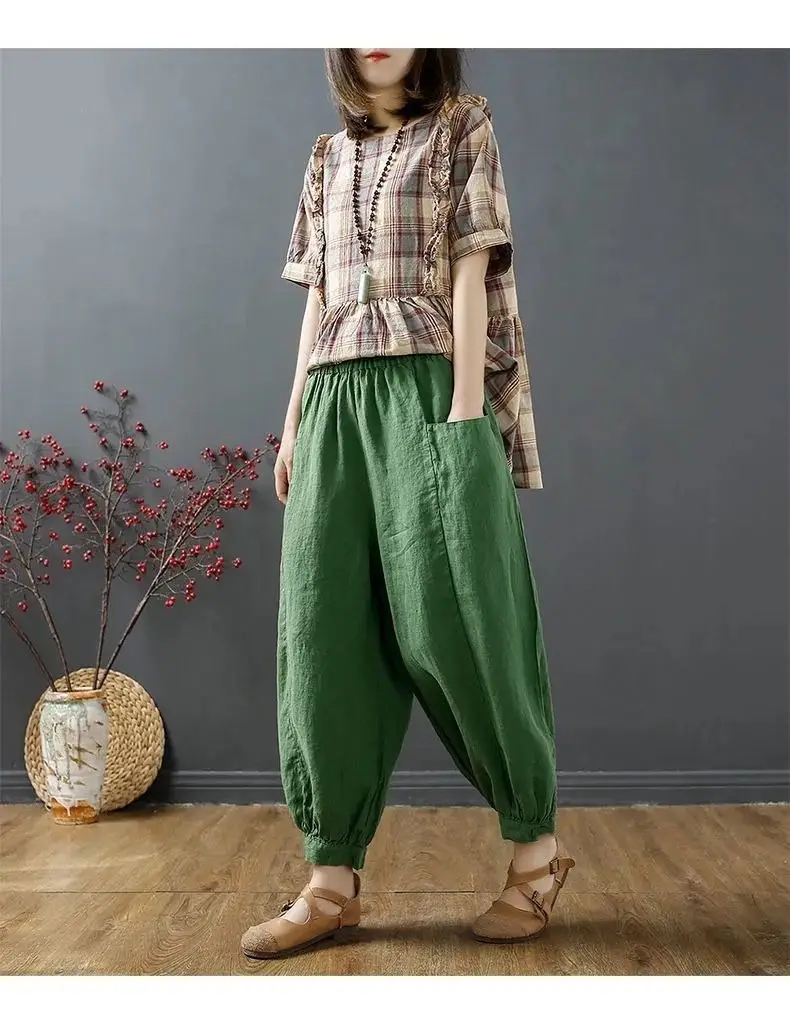 Women Cotton Linen Bloomers Ankle Pants Summer Loose — feature 4