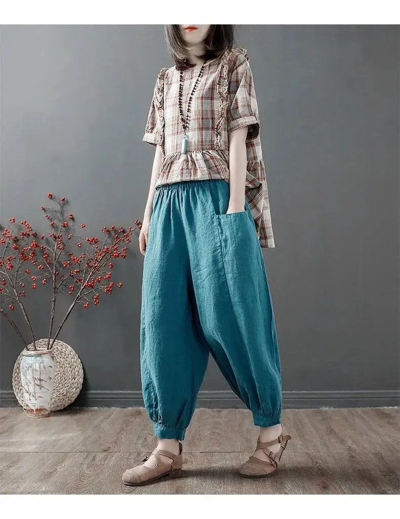 Women Cotton Linen Bloomers Ankle Pants Summer Loose — feature 9