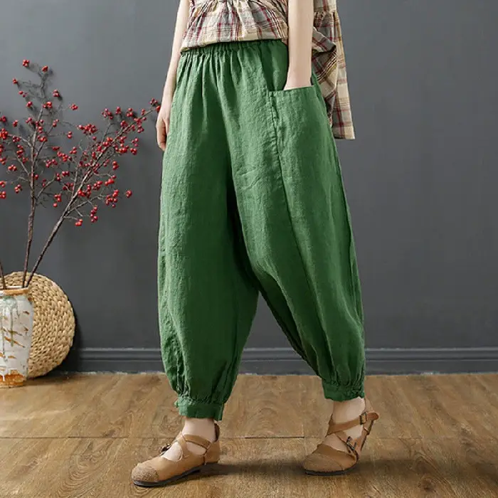 Women Cotton Linen Bloomers Ankle Pants Summer Loose