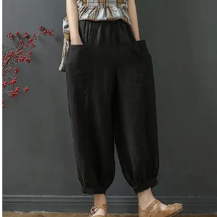Women Cotton Linen Bloomers Ankle Pants Summer Loose