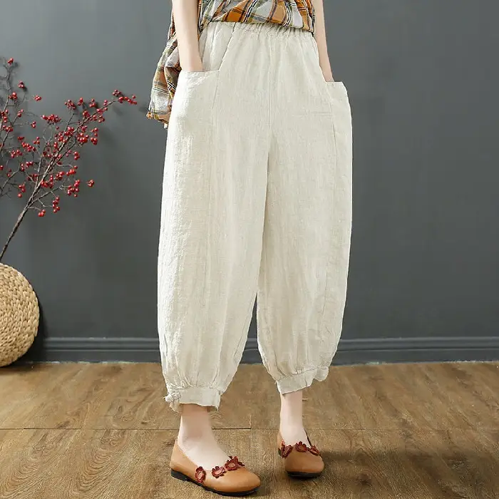 Women Cotton Linen Bloomers Ankle Pants Summer Loose