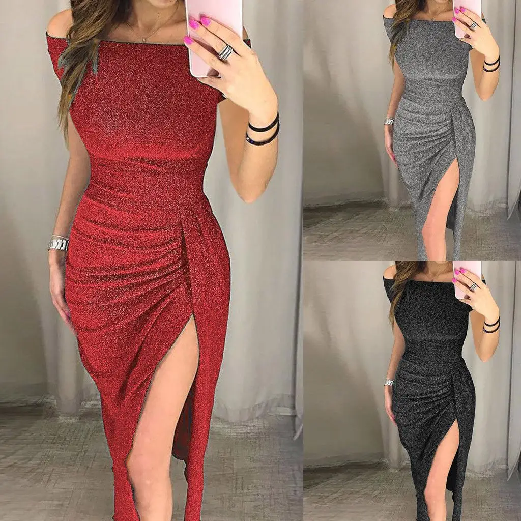 2022 Women's Sheath Slit Off-Neck Dress Black - Image 5