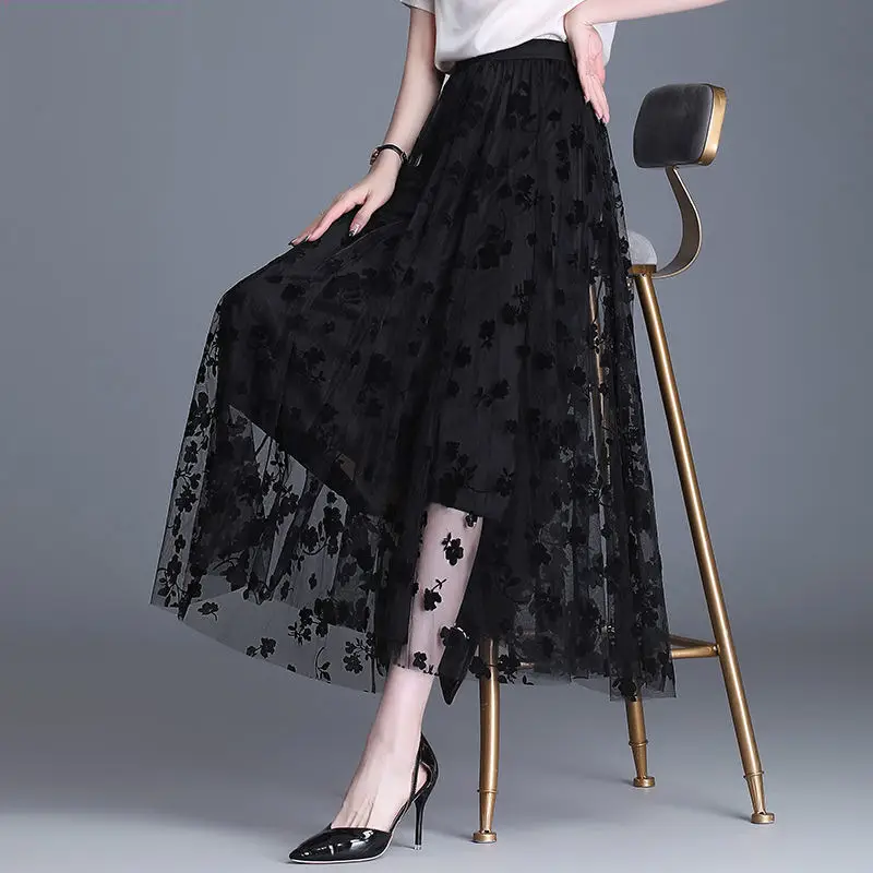 Summer 2023 Pleated Mesh Skirt for Women Floral Beige - Image 7
