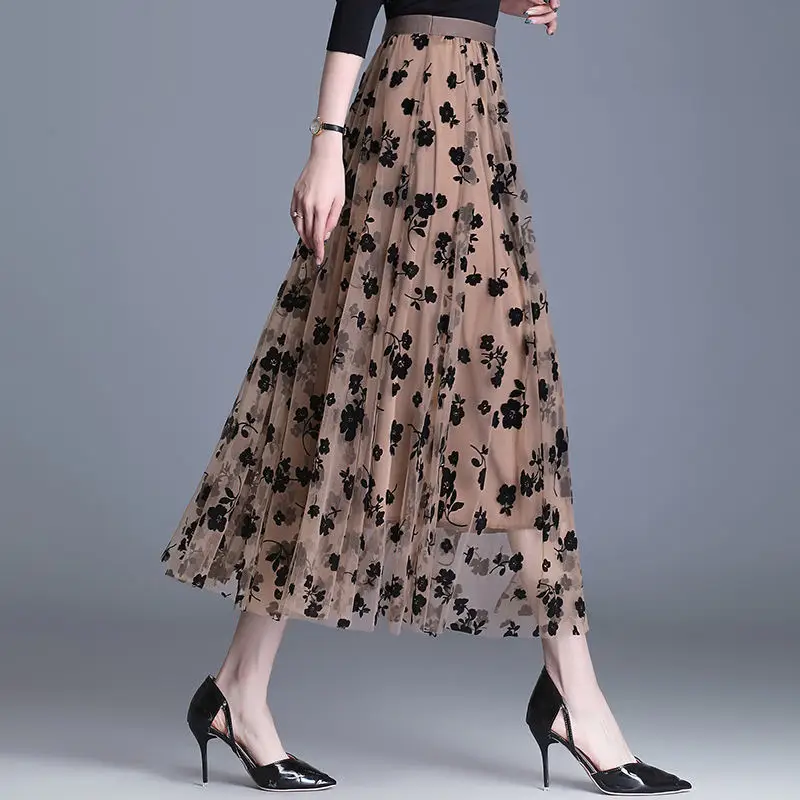 Summer 2023 Pleated Mesh Skirt for Women Floral Beige - Image 8