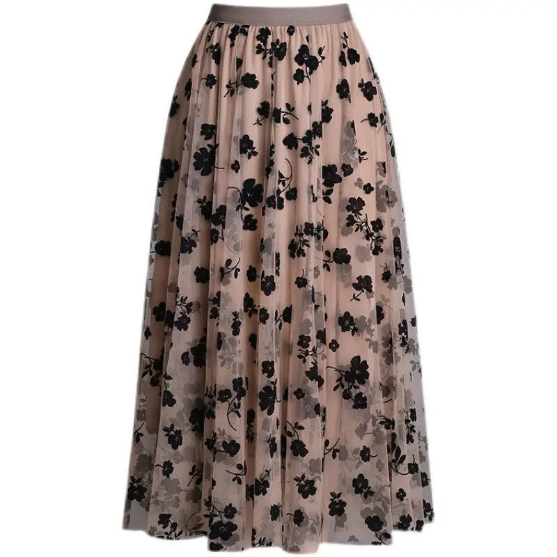 Summer 2023 Pleated Mesh Skirt for Women Floral Beige - Image 9