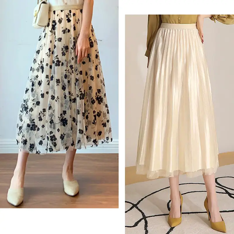 Summer 2023 Pleated Mesh Skirt for Women Floral Beige - Image 2