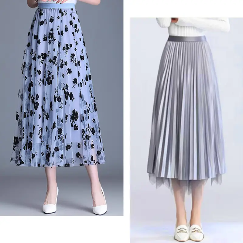 Summer 2023 Pleated Mesh Skirt for Women Floral Beige - Image 3
