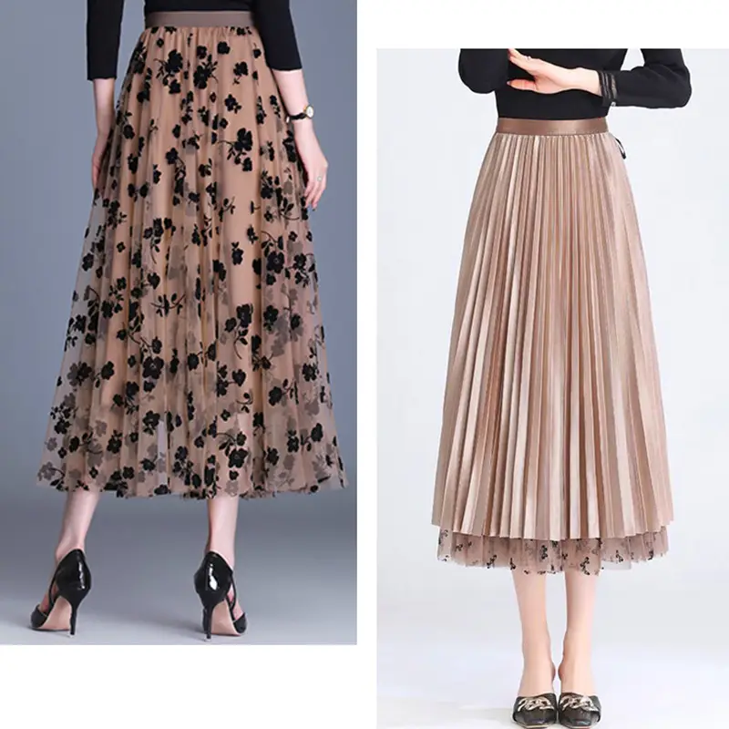 Summer 2023 Pleated Mesh Skirt for Women Floral Beige - Image 4
